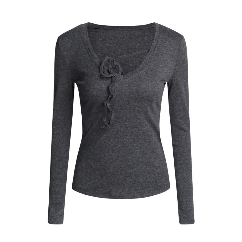 Gray Slim-Fit V-Neck Long Sleeve
