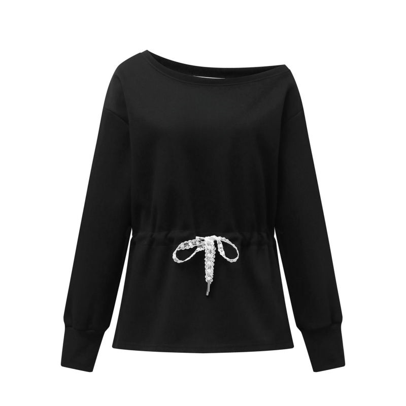 Drawstring Fitted Black Long-Sleeved Top