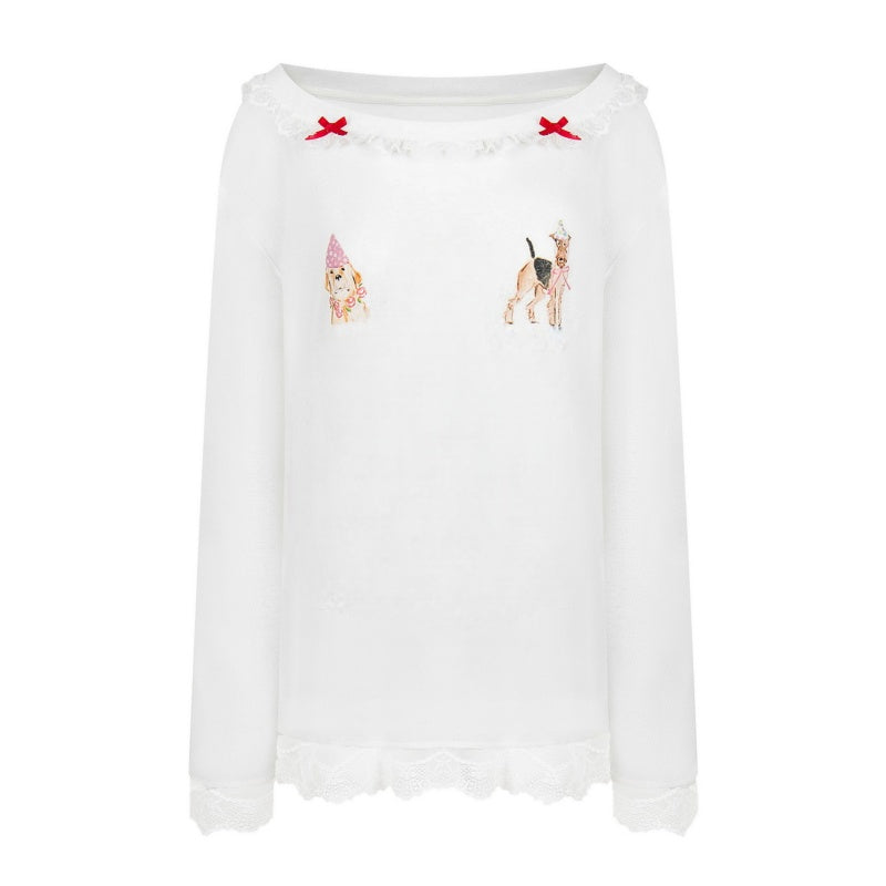 Oversized White Long Sleeve with Puppy Print